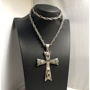 Vintage Cross Necklace Silver Tone Pendant Filigree Easter Jewelry 23"